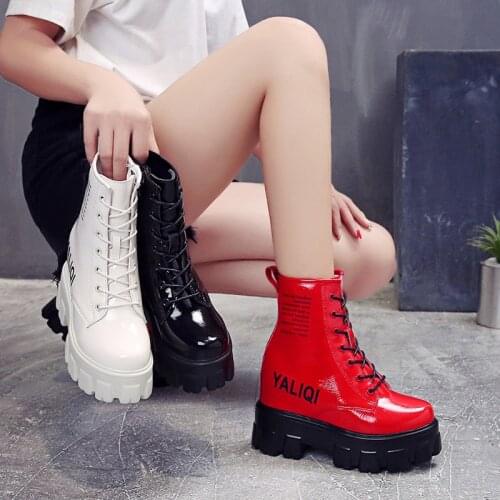 2020 Women Motorcycle Ankle Boots Wedges Female Lace Up Platforms Autumn Winter Leather Oxford Shoes Woman high heels size 34-39