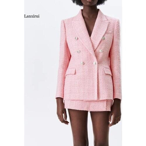 New style womens jacket spring pink lapel long-sleeved double-breasted European and American style sub-textured blazer