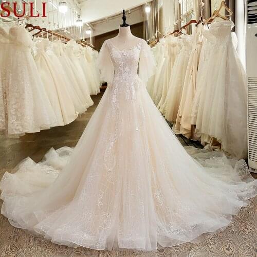 SL-6044 Elegant Illusion Bodice Lace Puffy Short Sleeve Wedding Dress 2019 Cheap Long Train Backless Wedding Bridal Dresses