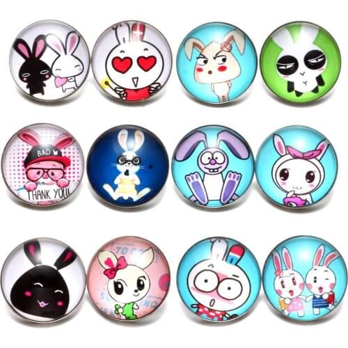 12pcs/lot Lovely Rabbit Theme 18mm Glass Snap Button Charms For 18mm Snaps Bracelet Snap Jewelry KZ0644