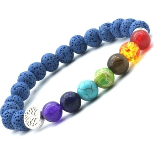 8mm Seven Chakras Tree of Life Charms Navy Lava Stone Beads DIY Aromatherapy Essential Oil Diffuser Bracelet Yoga Jewelry