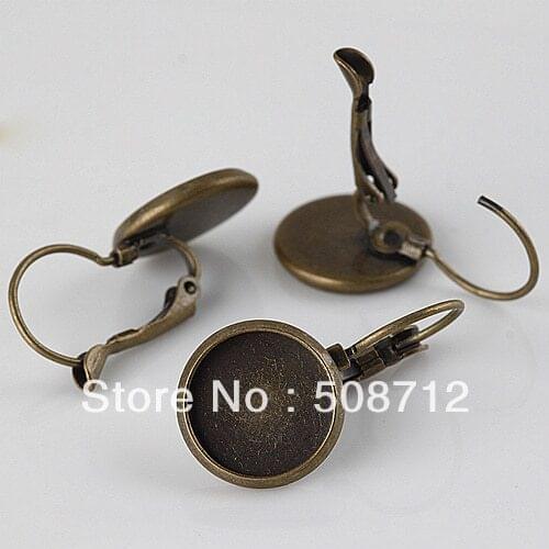 Free ship!!! EP0100 200piece Antique bronze 14mm Round Cabochon Setting Leverback Hook Stud Earing blanks