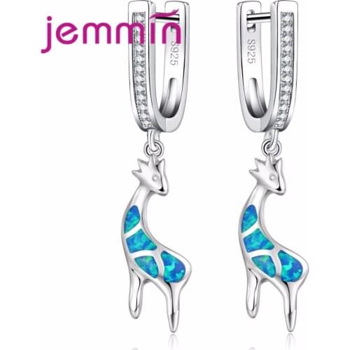 Free Shipping Lovely Deer Ear Pendant Women 925 Sterling Silver Blue Color Animal Jewelry Hot Opal Earrings for Ladies