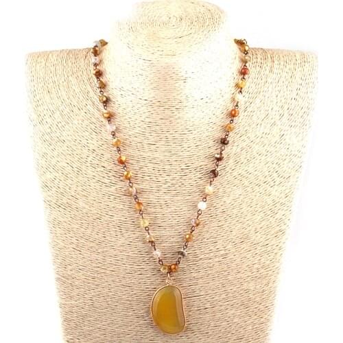 Free Shipping Fashion Bohemian Tribal Jewelry 6mm Semi Precious Stones Rosary Chain Yelloy Pendan Necklace Women Ethnic Necklace
