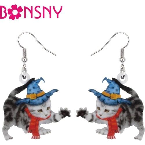 BONSNY Halloween Acrylic Sweet Magic Hat Cat Kitten Earrings Long Drop Dangle Fashion Novelty Pets Jewelry For Women Girls Gifts