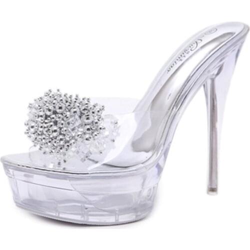 14cm sandals, new sexy crystal transparent high heels, glass water diamond high heels cool slippers