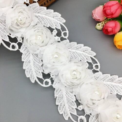 GXINUG 1 Yard Chiffon Flower Pearl Lace Leaf Trim Fabric Wedding Dress Bridal Ribbon Embroidered Patch Applique Sewing DIY Craft