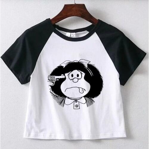 Mafalda Y2k Crop Top Kawaii Anime Baby T Shirt Women Tank Top O-neck Short Sleeve Slim Streetwear Harajuku Cartoon Graphic Tee