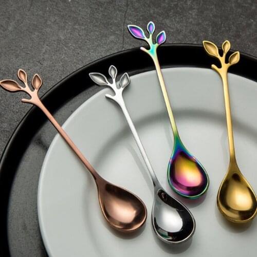 50pcs/ lot Stainless Steel Spoon Creative Tree Branch Leaves Spoon/Fork Coffee Stirring Spoon Kitchen Accessories Tableware