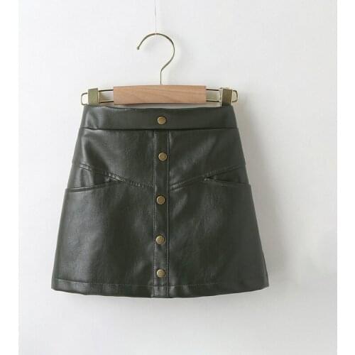 Korean A-line mini skirt baby girls skirts toddler PU leather button sequins dark green solid color bottoms kids 2 to 8 yrs
