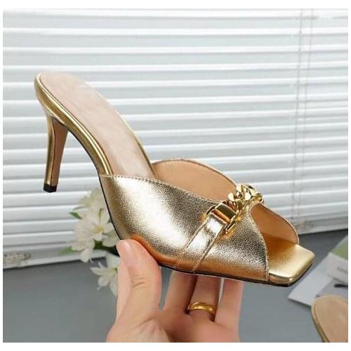 Moraima Snc Metal Chains Decorations High Heel Shoes Summer Peep Toe Thin Heels Women Sandals Party Heels Gold Silver Black
