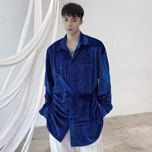 Men Crocodile Pattern Retro Velvet Loose Casual Long Sleeve Shirt Male Streetwear Vintage Fashion Shirt Stage Clothing