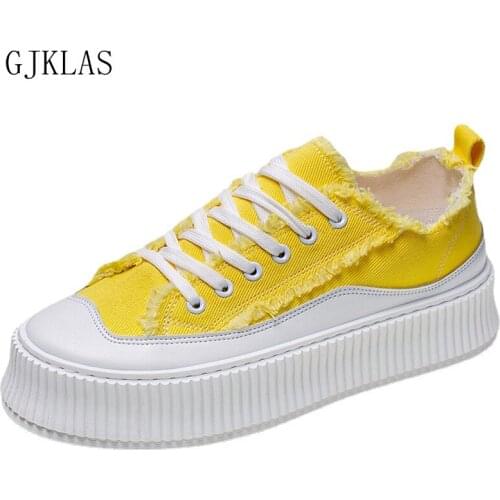 Platform Vulcanize Shoes for Male Yellow Black and White Canvas Shoes Mens Sneakers Casual Lace-up Platform Sneakers for Men