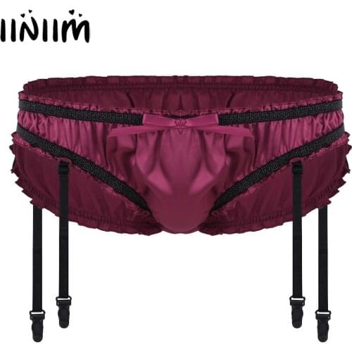 Mens Erotic Lingerie Shiny Ruffled G-String Briefs Sissy Crossdresser Jockstrap Panties Porno Tanga Thong Underwear with Garters