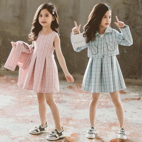 Girls Spring Striped Clothing Set 2020 Children New Graceful Sleeveless Dress Pearl Jackets 2pcs Clothing Sets