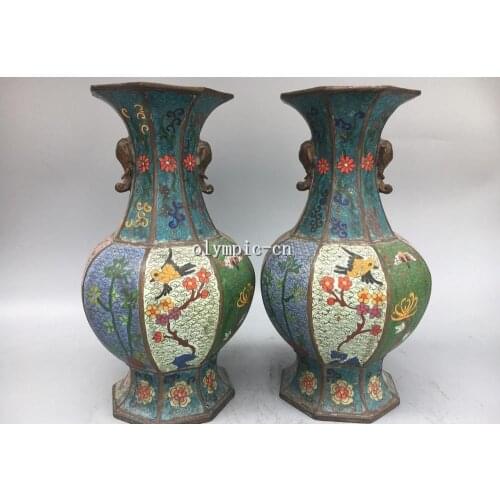 Pair 13'' red copper cloisonne enamel Flower Bird design hexagon vase statue