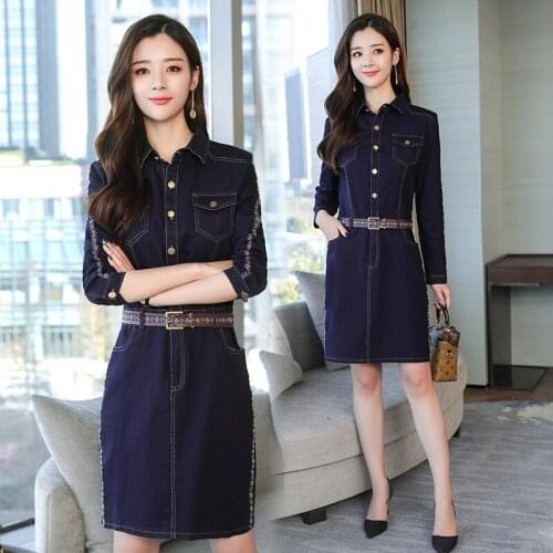 New Spring Autumn Women Dresses Fashion Turn-Down Collar Collect Waist Slim Long Sleeve Jeans Dress For Women Denim One-Piece
