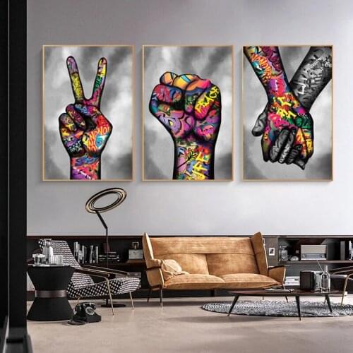 Pop Graffiti Art Holding Hands Victory Oil Painting on Canvas Wall Art Posters Prints Wall Pictures for Living Room Home Cuadros