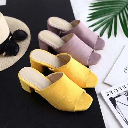Big Size 43chunky high heels slippers women suede velvet peep-toe solid slides ladies new comfy pantufa sandalias shoes flipflop
