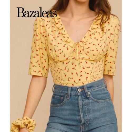 Bazaleas Vintage Tulip Yellow Print V Neck Ruffles Blouse Retro Center Bow Ropa Mujer Cute Smocked Top Harajuku
