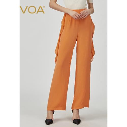 VOA Autumn New Product Silk 30mmi Heavy Smoothie Orange Stitching Ruffled Natural All-match Straight-leg Pants Female KE585