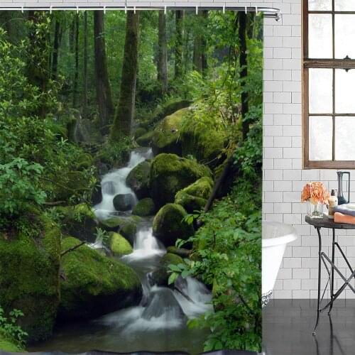 Forest Water Stones Trees Shower Curtain Polyester Fabric Bathroom Home Decor Waterproof Shower Curtains with Hooks