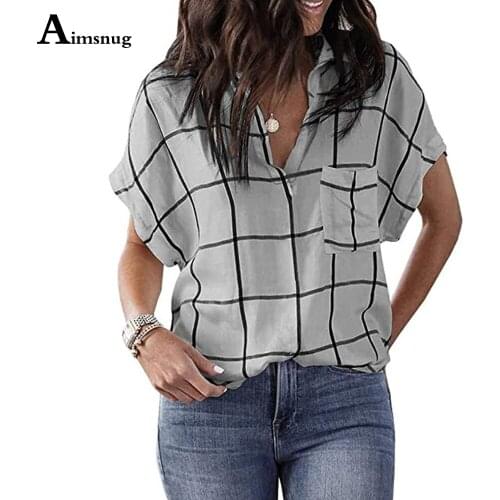 Plus size 3xl Women Latest Casual Shirt V-neck Pocket Blouse 2021 Summer Plaid Top Ladies Elegant blusas Tunic Femme Clothing