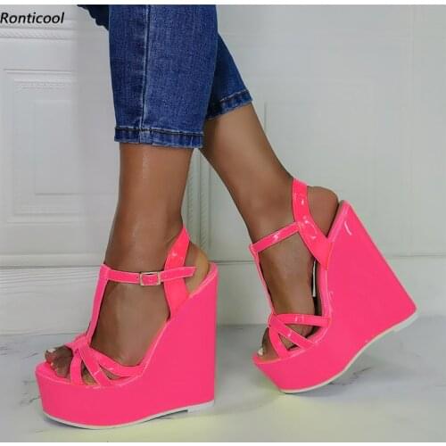 Ronticool Hot Handmade Women Summer T-Strap Sandals Patent Wedges Heel Open Toe Gorgeous 8 Colors Dress Shoes US Plus Size 5-20