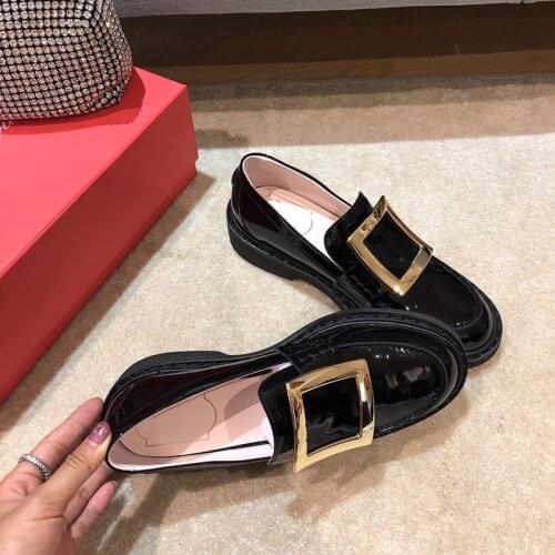 Square Buckle Single Shoe Women 2021 New Water Drill A Foot Thick Soles Lofo Shoes British Wind Small Leather Shoes