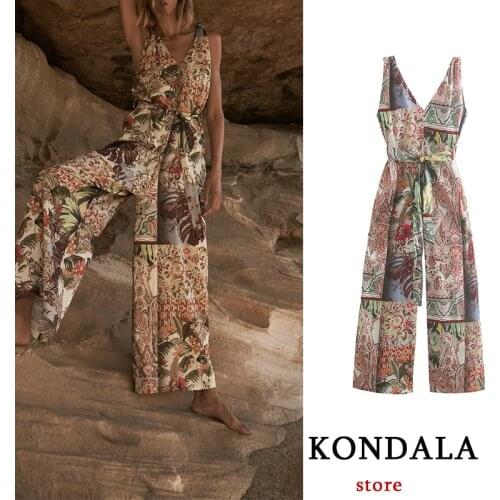 KONDALA Women 2021 New Summer V-Neck Oversized Jumpsuit Turkish Floral Printed Long Rompers Casual Bodysuit elegant Mujer Mono