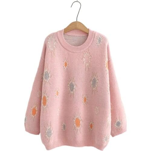 Floral Embroidery Jacquard Women Knitted Pullover Sweaters 2020 Winter Vintage Full Sleeve O-neck Teenage Girly Soft Sweet Top