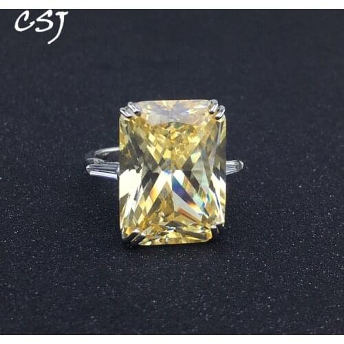 CSJ Big Stone Silver Ring Sterling Created Moissante Yellow Zircon Women Lady Wedding Engagment Party Gift Box