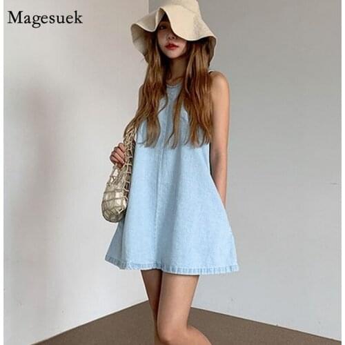 Vintage 2021 Summer Dress Solid o-neck Loose Denim Sling Dress for Women Simple Sleeveless Mini Dresses Casual Vestido 14708