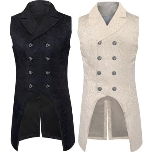 Mens Gothic Steampunk Double Breasted Jacquard Brocade Vest Waistcoat Sleeveless Tailcoat