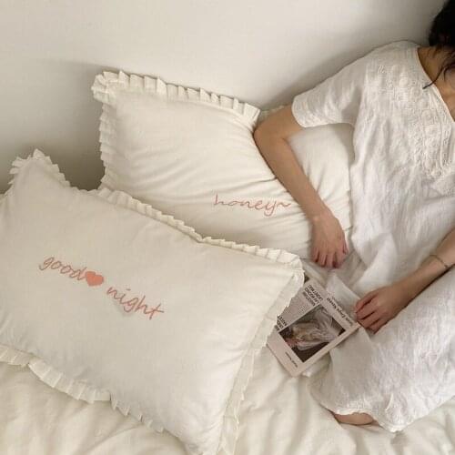Cilected 2PCS INS 100% Cotton Embroidered Letter Pillowcase Solid Color Soft Wood Ear Cushion Cover Princess Style Bed Decor