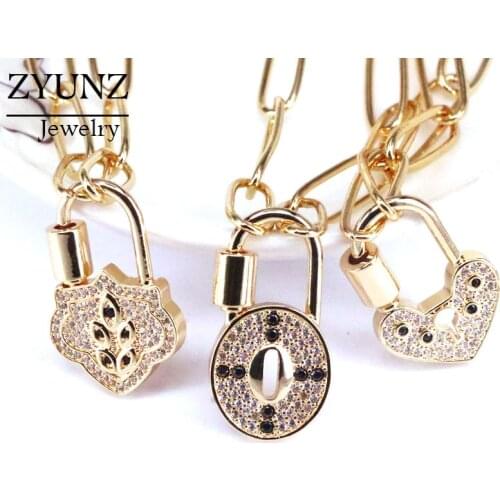 5PCS, Gold Color HIPHOP Jewellery Pave CZ Zircon Heart Lock Spiral Buckle Necklace Punk Chain CZ Pendant Necklaces Boho Jewelry