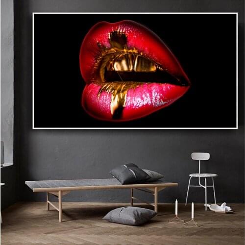 Abstract Sexy Gold Red Lip Oil Painting on Canvas Wall Art Posters Prints Wall Pictures for Living Room Home Wall Cuadros Decor