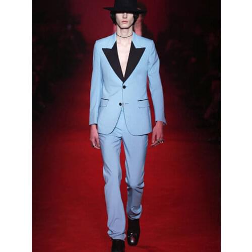 ANNIEBRITNEY Slim Fit 2 Piece Light Blue Men Custom Suit 2020 New Groom Wedding Tuxedo Tailor Made Prom Wedding Men Suit Set