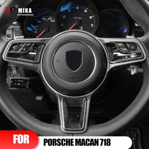 For Porsche Macan 718 Genuine Carbon Fiber Auto Steering Wheel Trim Case Cover Frame Switch Stickers Car Decoration Accessories