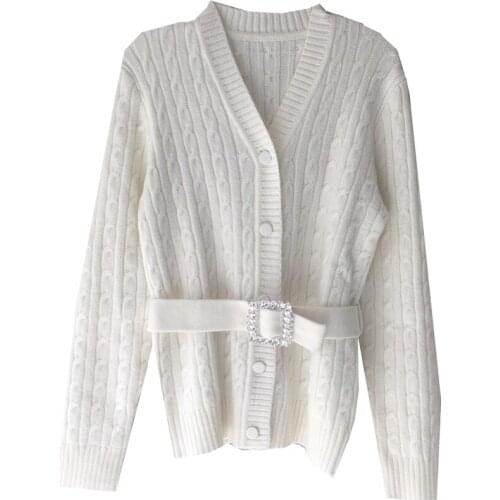 IHOBBY Women Twist Knitted Cardigan Korean Fashion Long Sleeve V Neck Crystal Belt High Quality Knitwear Sweater