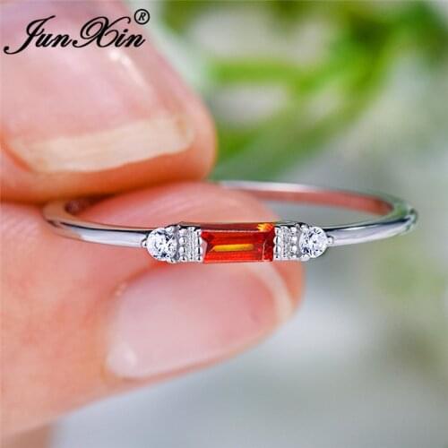 White Gold Filled Ring Small Rectangle Red Stone Thin Rings For Women Wedding Bands Black Rose Gold Stacking Ring Jewelry