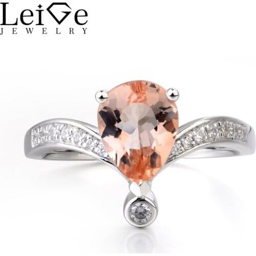 Leige Jewelry Wedding Ring Natural Pink Morganite Ring Pear Cut Pink Gemstone 925 Sterling Silver Ring Romantic Gifts for Women