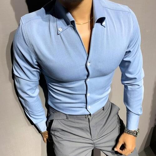 Korean Long-sleeved Shirts Men Solid Color V-neck Casual Shirt Slim Business Formal Dress Men Clothing Social Party Streetwear