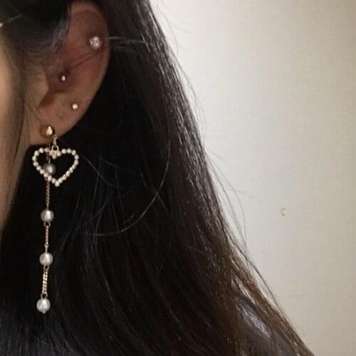Korean Jewelry Pearl Tassel Crystal Love Heart Earrings For Women Sweety Fashion Jewelry Asymmetric Drop Earring Luxury Jewelry