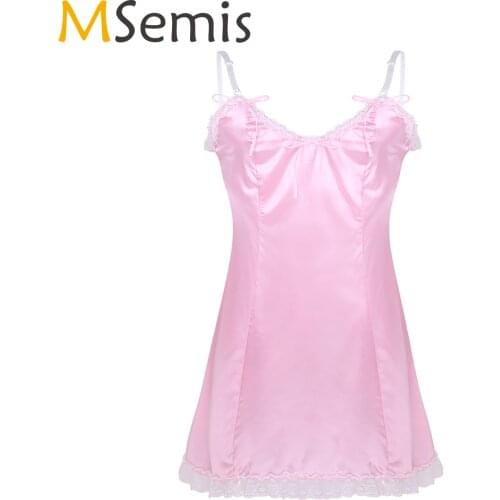 MSemis Men Adult Sexy Lingerie Sleepwear Smooth Adjustable Shoulder Straps Low Back Sissy Fancy Vintage Slip Dress Nightgown