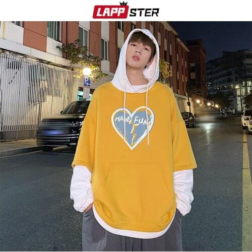 LAPPSTER Men Harajuku Fake Two Pieces Patchwork Hoodies 2021 Mens Japanese Streetwear Hooded Hoodie Male Korean Love Sweatshirts