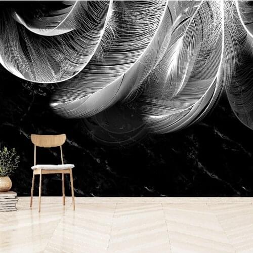 Custom Mural Wallpaper 3D White Feather Black Marble Wall Paper Living Room TV Sofa Hotel Background Wall Modern Art 3D Frescoes