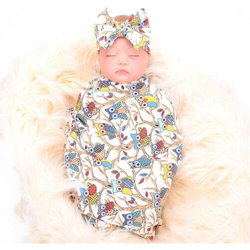 Newborn Infant Blanket Snuggle Swaddle Cartoon Owl Print Soft Towel Sleeping Bag Wrap with Bowknot Hairband for Boy Girl