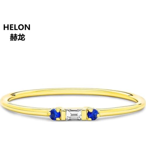 Solid 14k Yellow Gold Women Engagement Ring 0.3ct Natural Diamond Baguette Stacking Sapphire Three Stone Minimalist Ring