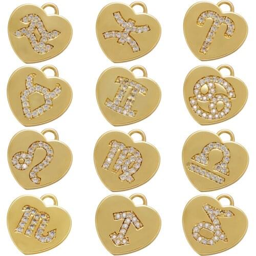 12 Constellation Love Heart Shape Pendant Necklaces Charm Gold Silver 12 Horoscope Pendant For Couple Star Zodiac Sign Jewelry